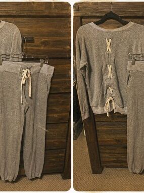 Morrow brand Cozy Gray Sweatshirt and Jogger Set with Lace-Up Back Detail